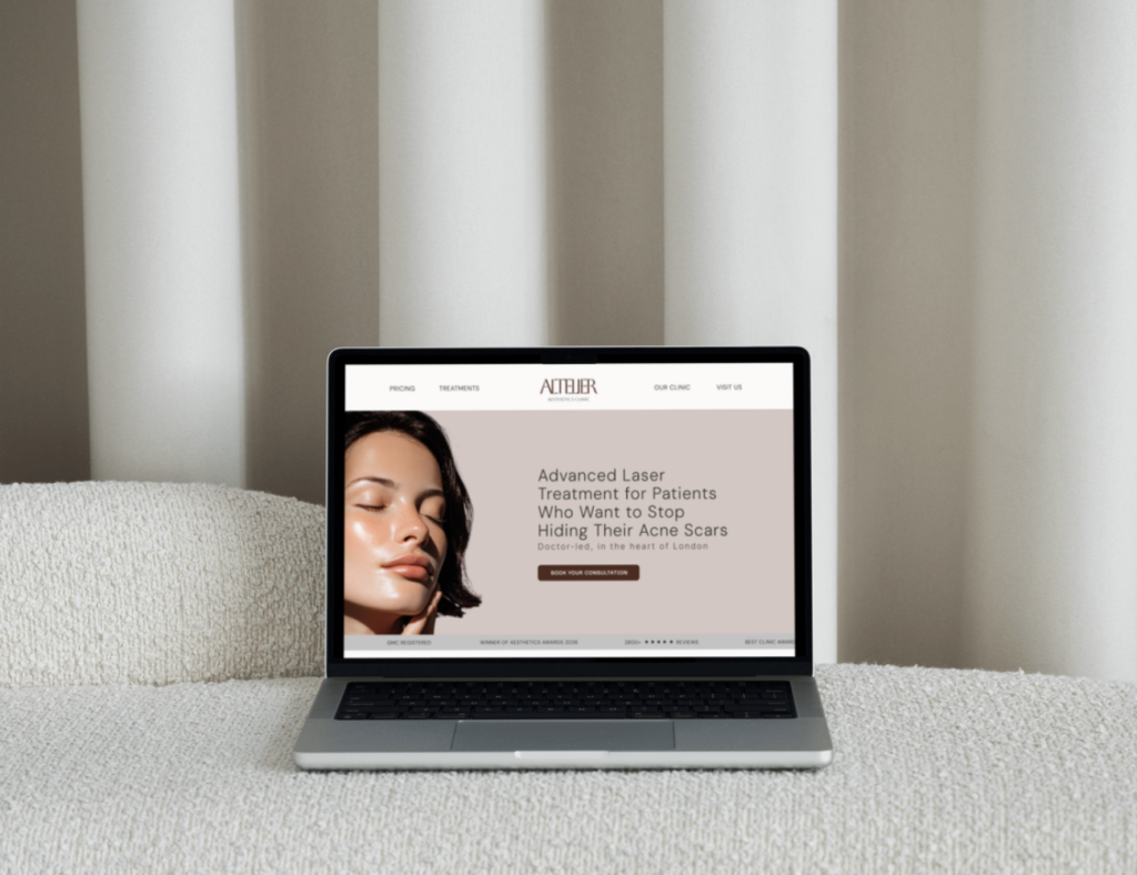 laptop with website built by Saffron Studios London based designer for aesthetic clinics